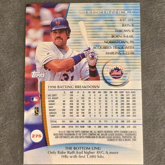1999 Stadium Club Card #275 Mike Piazza Baseball Card - Picture 2 of 2